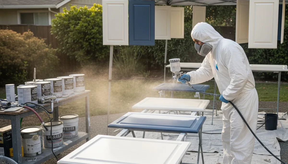 Painter applying smooth cabinet finish with spray technique in Santa Rosa, CA kitchen remodel