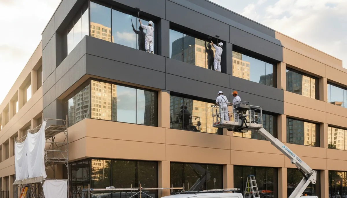 Professional commercial painters working on a storefront exterior in Santa Rosa, CA