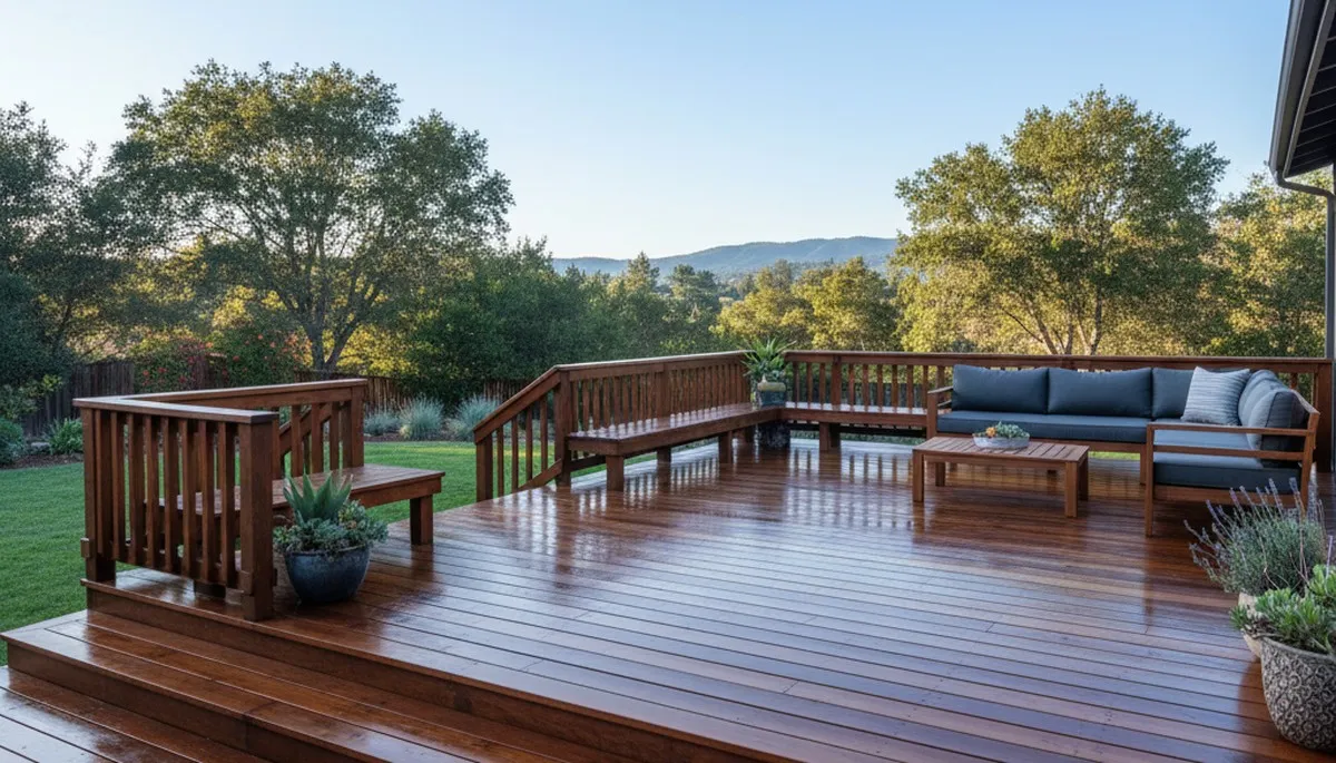 Finished deck staining in Santa Rosa, CA highlighting protected redwood and expert wood restoration results