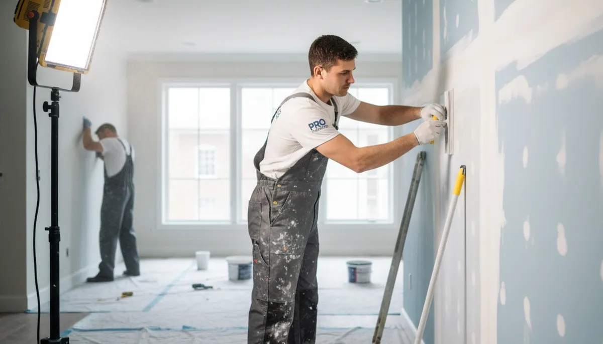 Painter repairing drywall cracks in a Santa Rosa, CA home wall for smooth, seamless finish