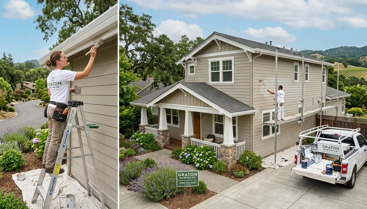 Professional house painters in Santa Rosa CA applying exterior paint to a residential home