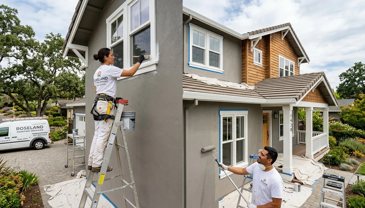Professional house painters in Santa Rosa CA applying fresh exterior paint to a residential home